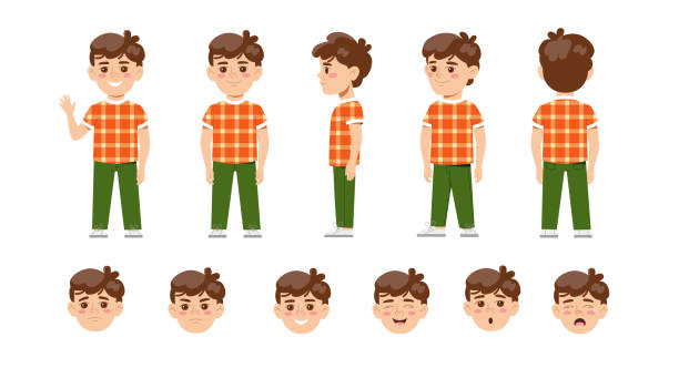 Little boy character Little boy character. Full length child and face with different emotions. Set of design elements for animation with cute preschooler. Cartoon flat vector collection isolated on white background crying eagle stock illustrations