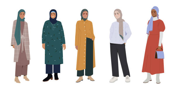 Set of stylish Muslim women Set of stylish Muslim women. Arab girls in traditional casual clothes and headwear. Female characters in fashionable outfits and hijabs. Cartoon flat vector collection isolated on white background muslim cartoon stock illustrations