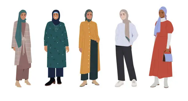 Vector illustration of Set of stylish Muslim women