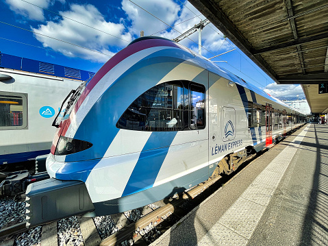 Annecy, France - October 22 2021 : a modern new swiss RER train linking Geneva with the regional at a station