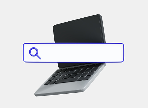 3D Laptop with search bar. Navigation and search concept. SEO internet marketing.  Web browser on computer screen. Cartoon creative realistic design icon isolated on white background. 3D Rendering