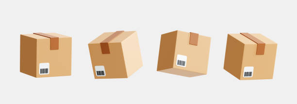 istock 3D Cardboard close box collection icon set. Floating delivery cargo box with barcode. Shipping concept. Cartoon creative design icon isolated on white background. 3D Rendering 1415484026