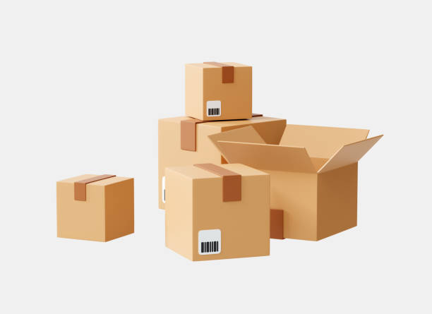 istock 3D Cardboard boxes on warehouse. Fast delivery concept. Moving with cargo box. Storage of parcel and order. Unboxing package. Cartoon creative design icon isolated on white background. 3D Rendering 1415484027