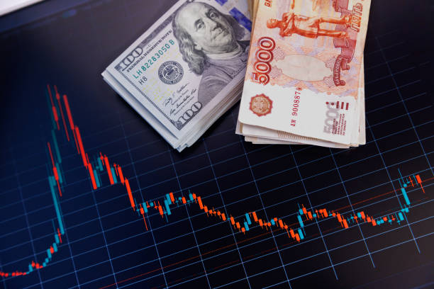 istock US dollar and russian ruble banknote stacks over digital screen with exchange chart, USD RUB depreciation concept, closeup with selective focus 1415484064