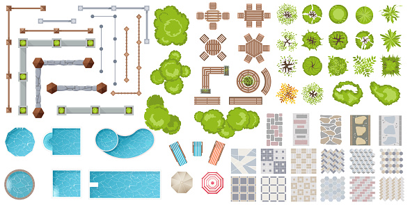Architectural elements top view for landscape design. Set of outdoor furniture, fence, trees, swim pool and tile path for project, plan, map, yard. Kit of vector objects: benches, plants and tile.