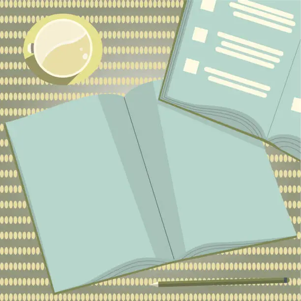 Vector illustration of Two Open Work Books On A Table. Flat View Of Table With Notebooks, Pencil And Cup Of Coffee. Rewriting Complete Conspectus To Other Source On A Desk.