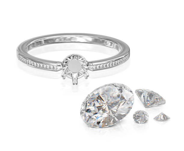 istock White gold or silver ring without gemstone and round diamond with reflection on a black background. 3D render 1415492571