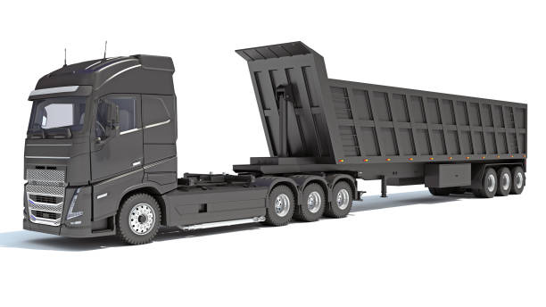 Heavy truck with tipper trailer 3D rendering on white background Heavy truck with tipper trailer 3D rendering on white background shipping heavy equipment machinery stock pictures, royalty-free photos & images