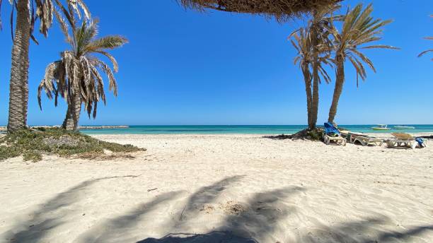 istock sandy beach blue sky on island of Djerba 1415501901