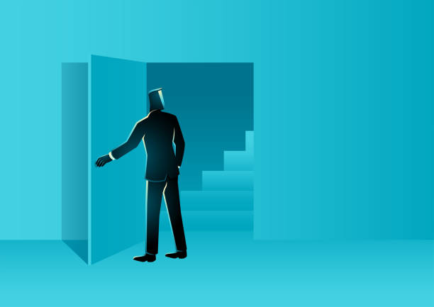 Businessman opens the door and finds a staircase inside Businessman opens the door and finds a staircase inside, career, curiosity, emergency exit, vector illustration person walking up stairs from behind stock illustrations