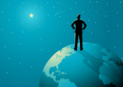 Business concept illustration of a man stands on globe looking at the vast universe, determination, inspiration, global network concept