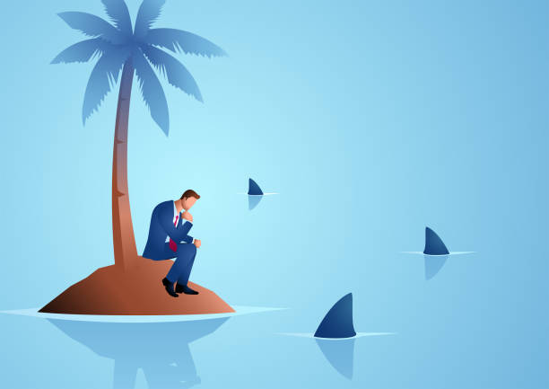 Businessman get stuck on island with water full of shark vector art illustration