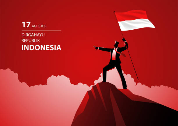 biznesmen trzymający flagę indonezji na szczycie góry - flag bearer stock illustrations