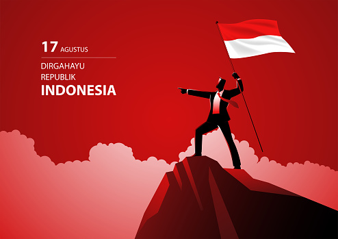 Businessman holding the flag of Indonesia on top of the mountain, the meaning of copy text is Longevity Republic of Indonesia, vector illustration