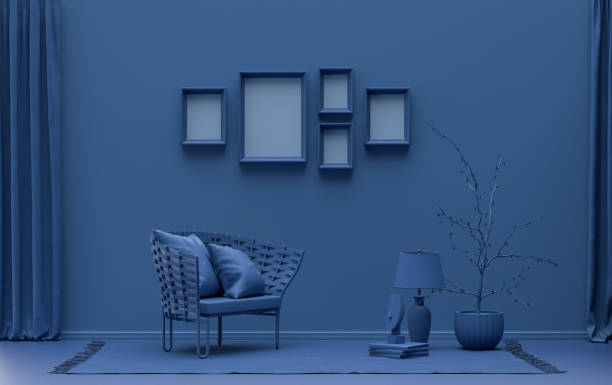 istock Flat color interior room for poster showcase with 5 frames, monochrome blue gallery wall 1415505097