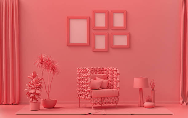 istock Flat color interior room for poster showcase with 5 frames, monochrome light pink gallery wall 1415505200