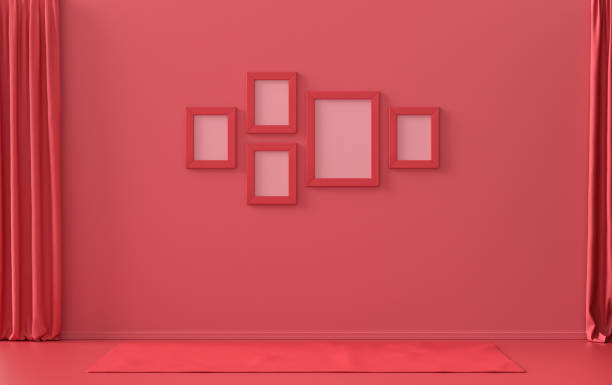 istock Flat color interior room for poster showcase with 5 frames, monochrome red gallery wall 1415505377