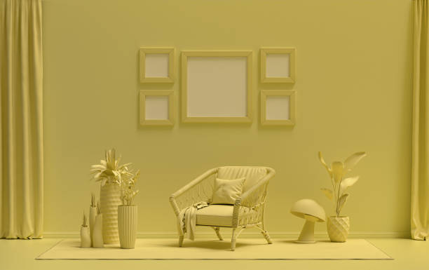 istock Flat color interior room for poster showcase with 5 frames, monochrome yellow gallery wall 1415505522