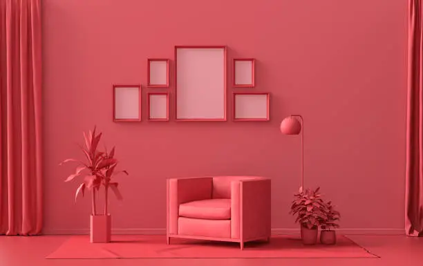 Photo of Wall mockup with six frames in solid flat pastel dark red, monochrome interior