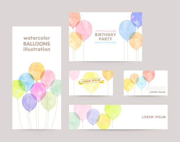 watercolor balloons vector illustration templates; leaflet cover, card, business cards, banner watercolor balloons vector illustration templates; leaflet cover, card, business cards, banner birthday card stock illustrations