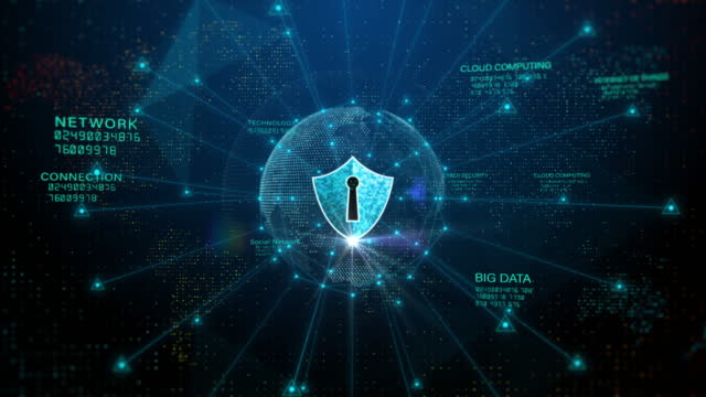 Shield Icon Cyber Security, Digital Data Network Protection, Future Technology Digital Data Network Connection Motion Abstract Background 4k