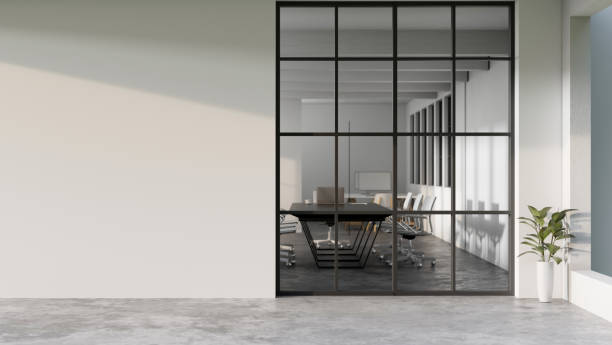 modern minimal white office corridor or hallway interior with a large window though the meeting room - vergaderruimte stockfoto's en -beelden