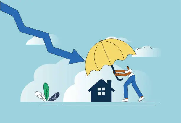 Vector illustration of White-collar workers use umbrellas to protect their homes from recession.