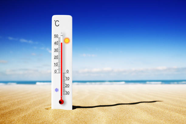 istock Hot summer day. Celsius scale thermometer in the sand. Ambient temperature plus 43 degrees 1415512911