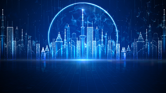 Smart City Of Cyberspace And Metaverse, Technology Digital Network Connection, Social Network Connection, Blue Abstract Background Concept. 3d Rendering