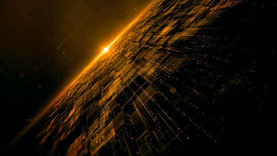Gold Color Digital cyberspace with particles, Technology digital matrix, Abstract background 3d rendering