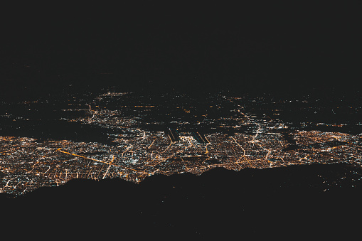 Aerial view of Bogotá, Colombia in the night from the south in a clear night.