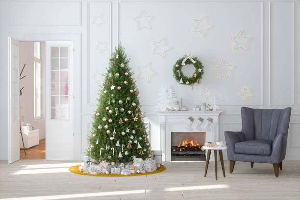 sala de estar moderna con chimenea, árbol de navidad, cajas de regalo y sillón - fireplace living room door wall fotografías e imágenes de stock