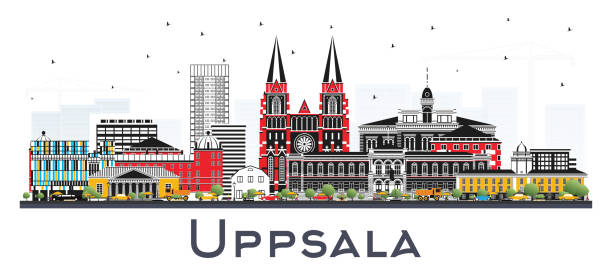 illustrations, cliparts, dessins animés et icônes de uppsala sweden city skyline avec des bâtiments de couleur isolés sur blanc. - uppsala cathedral