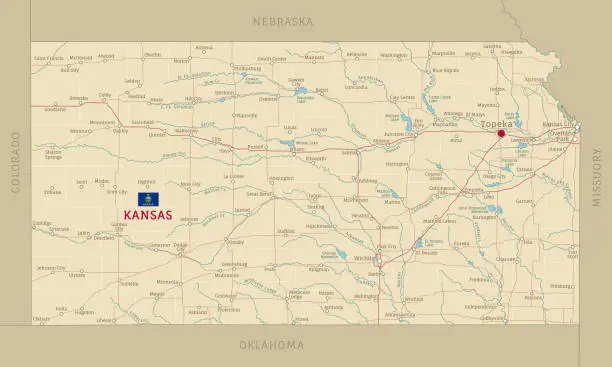 Vector illustration of Road map of Kansas, US American federal state