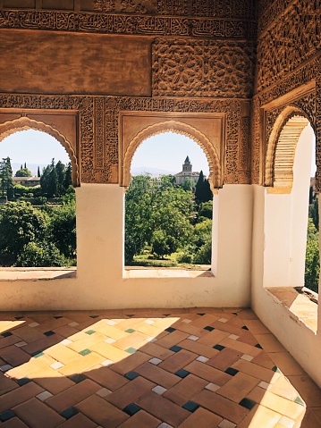 Granada, Spain. Alhambra gardens in sunny weather