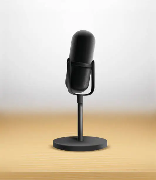 Vector illustration of Black radio microphone on a wood table. Vector 3d illustration