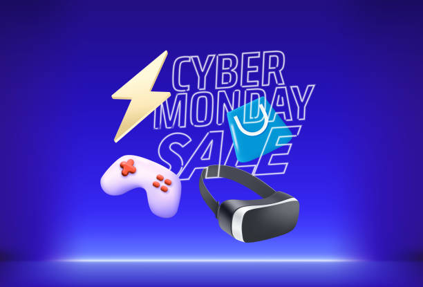 istock Cyber monday sale banner with accessories and neon inscription. 3d vector illustration 1415521169