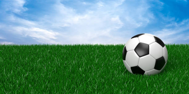 Soccer Ball Match concept: 3D rendered round objects with hexagon patterns. Various colors, different designs, used for competitive team sports. Sport background with large blank copy space. Realistic equipment. Detailed texture and stitches. Football is a high motivated and loved game in all countries.
