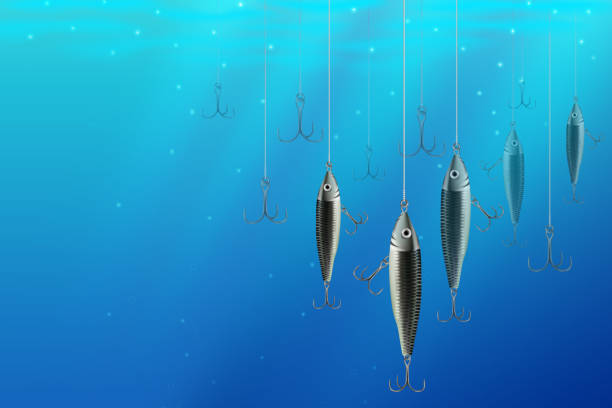 istock Fishing lures backgrounds. Realistic hooks wallpaper for catching salmon, catfish, tuna, pike, perch, marlin, bass, trout or tarpon. Underwater wobblers vector for web and printed products. 1415522601