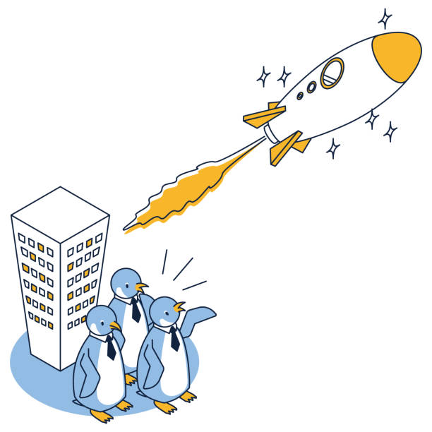 isometrische darstellung eines pinguins, der auf einer rakete aufsteigt - forschungsreisender grafiken stock-grafiken, -clipart, -cartoons und -symbole