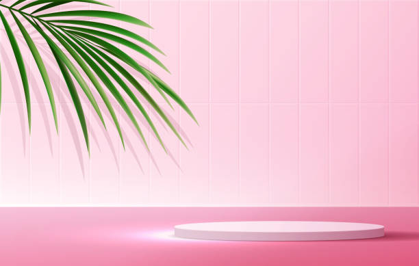 istock Cosmetic pink background and premium podium display for product presentation branding and packaging presentation. studio stage with shadow of leaf background. vector design 1415523808