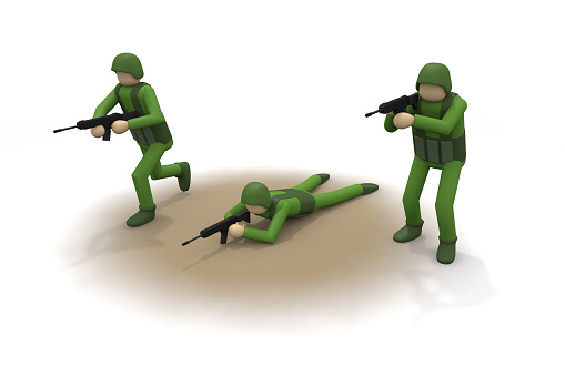 3 soldiers. Soldiers fighting on the battlefield. attack with a weapon. the scene of war. 3D rendering