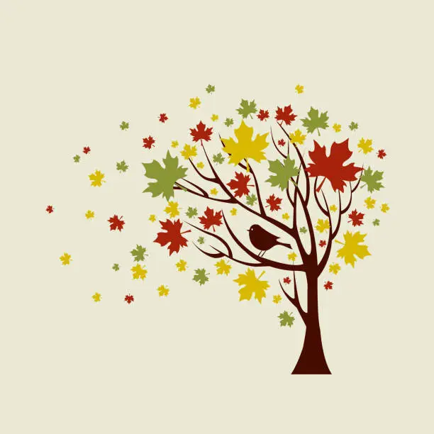 Vector illustration of Autumn Tree With Falling Leaves and Bird