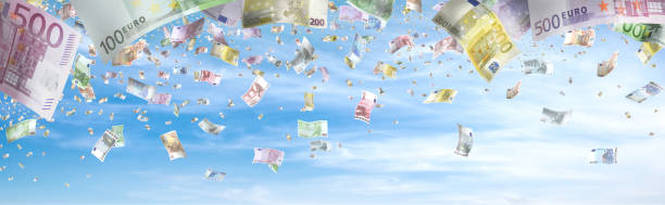 large group of various european union euro paper currencies falling from sky - european union euro note european union currency paper currency currency imagens e fotografias de stock