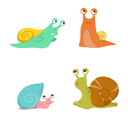 Cute snails set. Different snail-paced slugs, funny snail characters collection. Vector Illustrations isolated on white background.