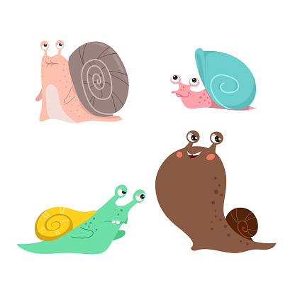 Cute snails set. Different snail-paced slugs. Young and old, strong and running. Funny snail characters collection. Vector Illustrations isolated on white background.