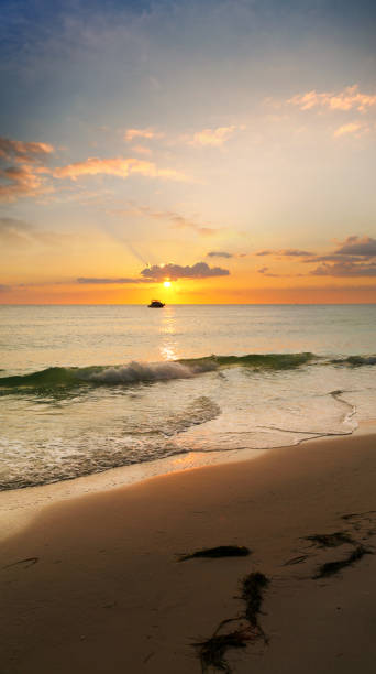 Colorful beautiful seascape with boat during sunset Seascape during sunset in Sarasota, Florida beautiful multi colored tranquil scene enjoyment stock pictures, royalty-free photos & images