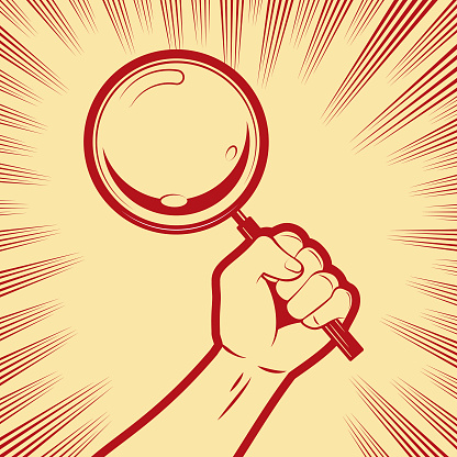 Design Vector Art Illustration.
An original illustration of a strong fist holding a magnifying glass in a vintage propaganda style, with a background with comic effects lines.