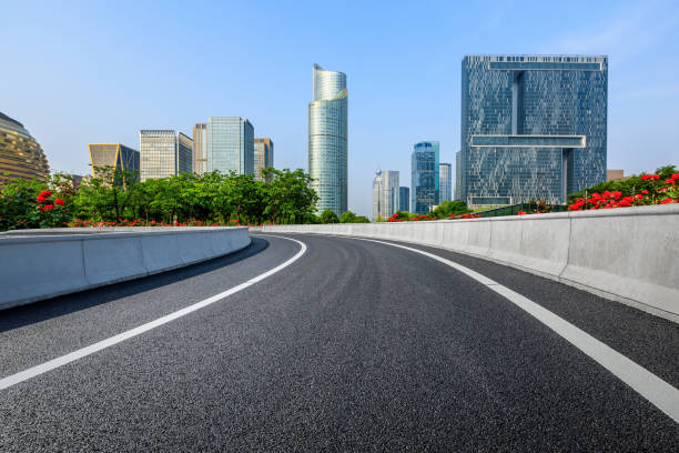 Asphalt highway and city skyline with buildings in Hangzhou stock photo