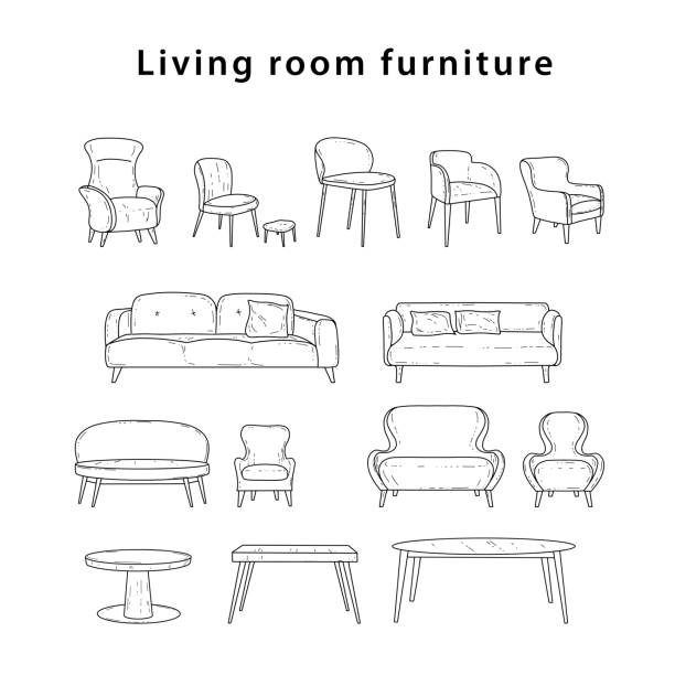 Doodle sketch of living room furniture, hand-drawn in different sizes and types, modern and vintage. 
Scandinavian furniture Interior elements Boho style. Vector illustration Doodle sketch of living room furniture, hand-drawn in different sizes and types, modern and vintage. 
Scandinavian furniture Interior elements Boho style. Cozy home environment for the living room  elements. Vector illustration chairperson stock illustrations